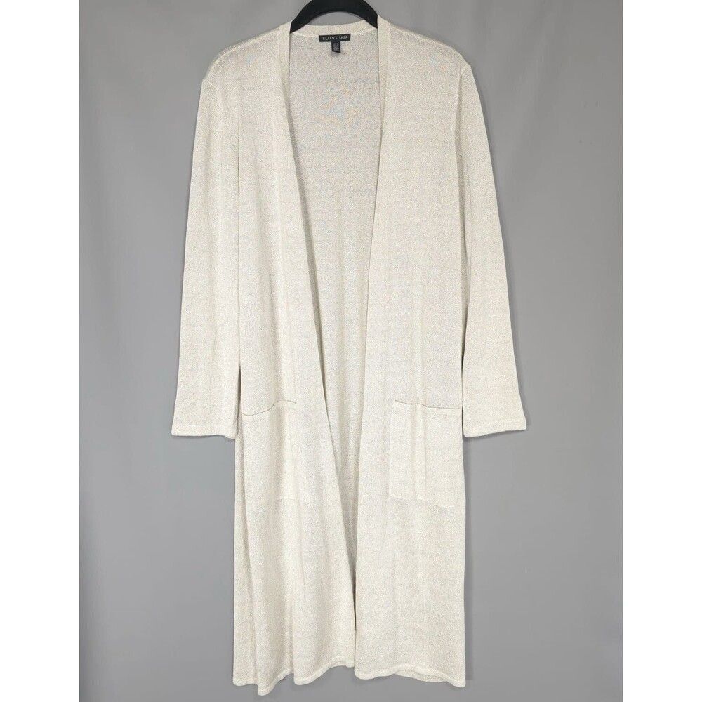 EILEEN FISHER Long Cardigan MEDIUM Organic Linen Metallic Beige‎ Sweater R19UHM